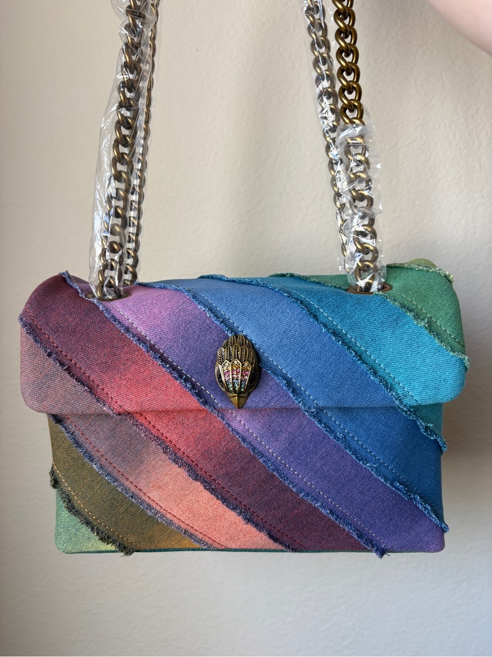Kurt Geiger London medium Rainbow Denim Kensington Crossbody Bag, new